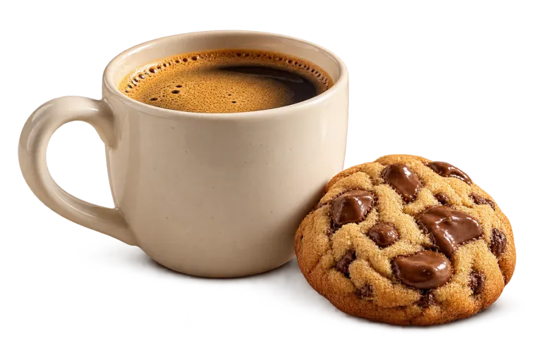 Coffee in a cream ceramic cup beside a chocolate chip cookie