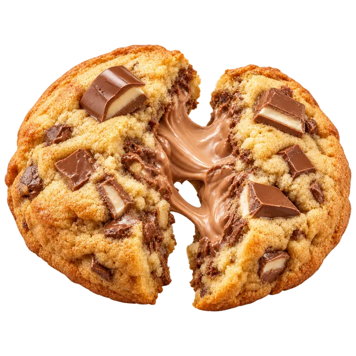 Blondie Kinder New York style cookie broken open to show its creamy Kinder center
