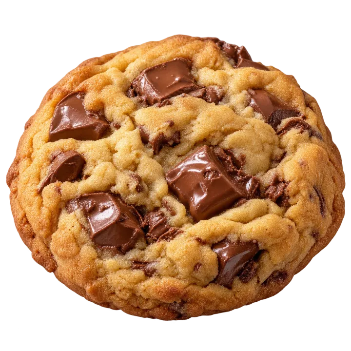 Dusk New York style chocolate chip cookie with golden edges and chunks of chocolate