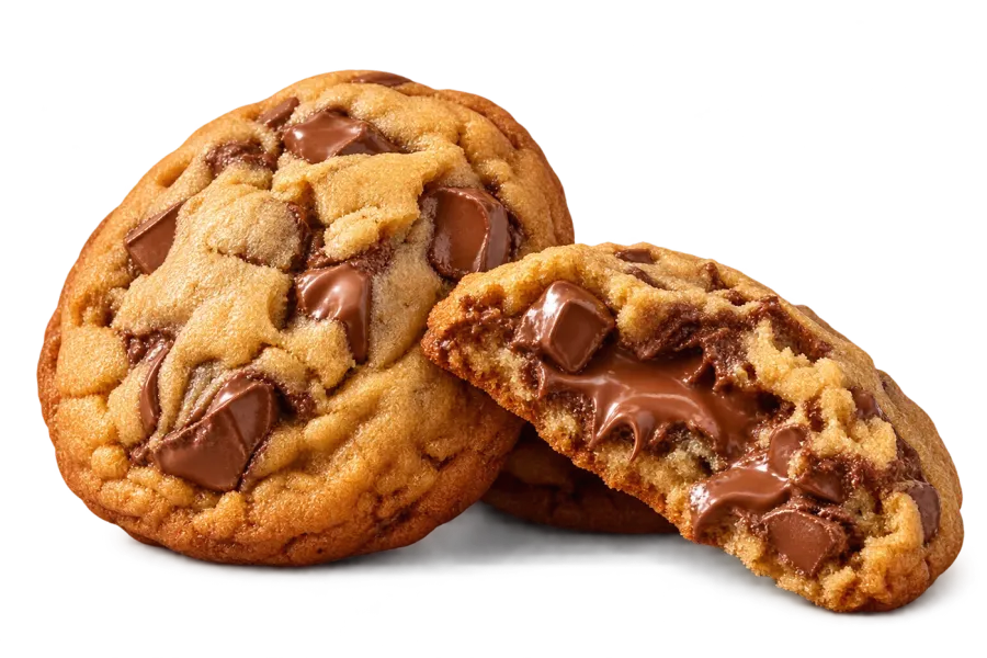 Two New York style chocolate chip cookies, one broken open to show a soft chocolate ganache center