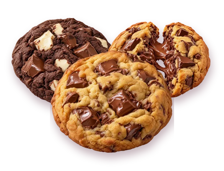 Dusk, Midnight and Hazel, three thick New York style cookies, stacked together